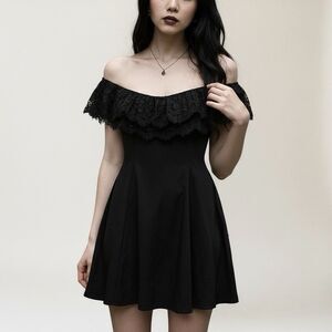 Betsy & Adam Women's Black Mini Dress Size 6 Off Shoulder Lace Ruffle Whimsigoth